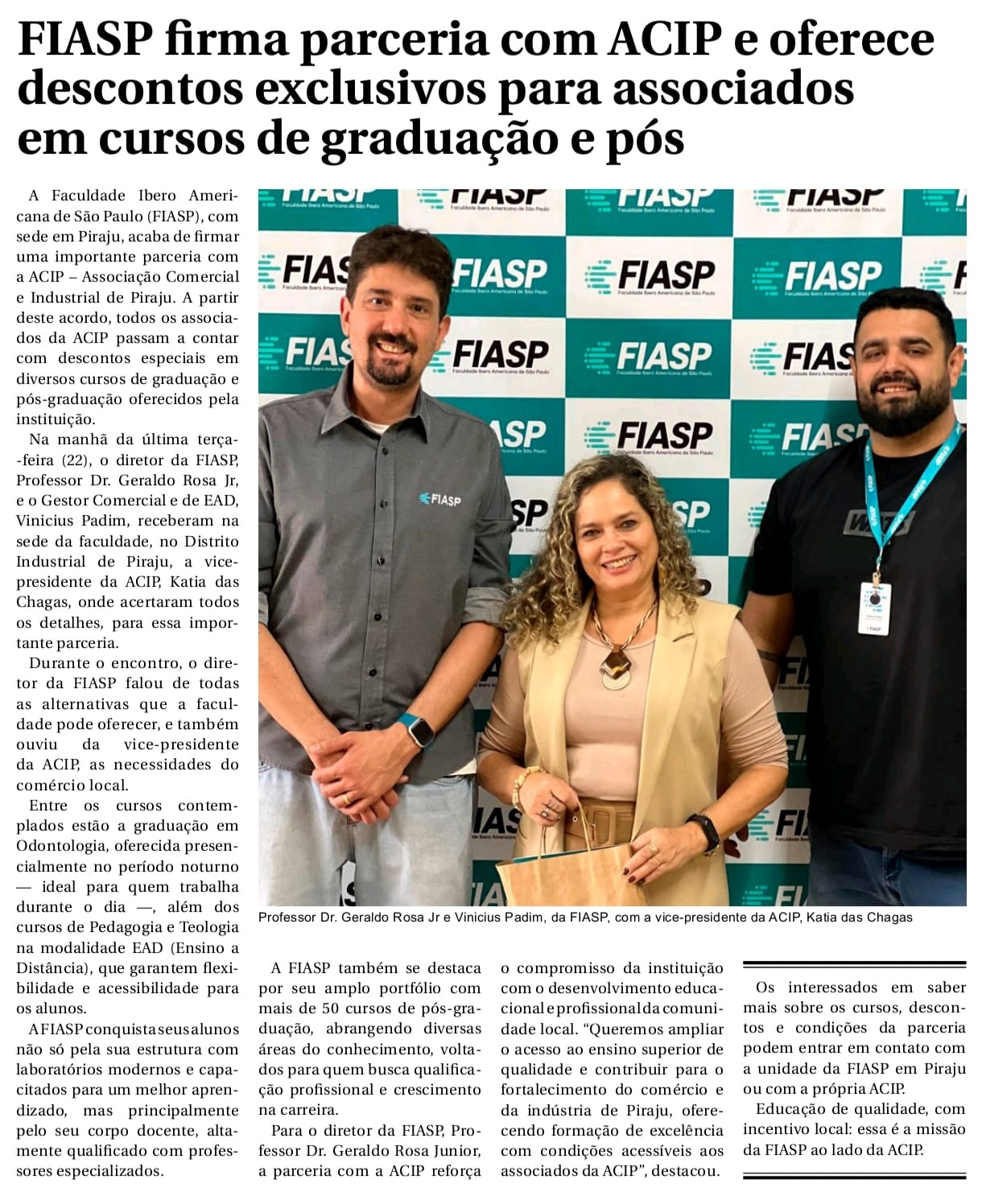 Parceria entre FIASP e ACIP Oferece Descontos Exclusivos em Cursos de Graduação e Pós-Graduação